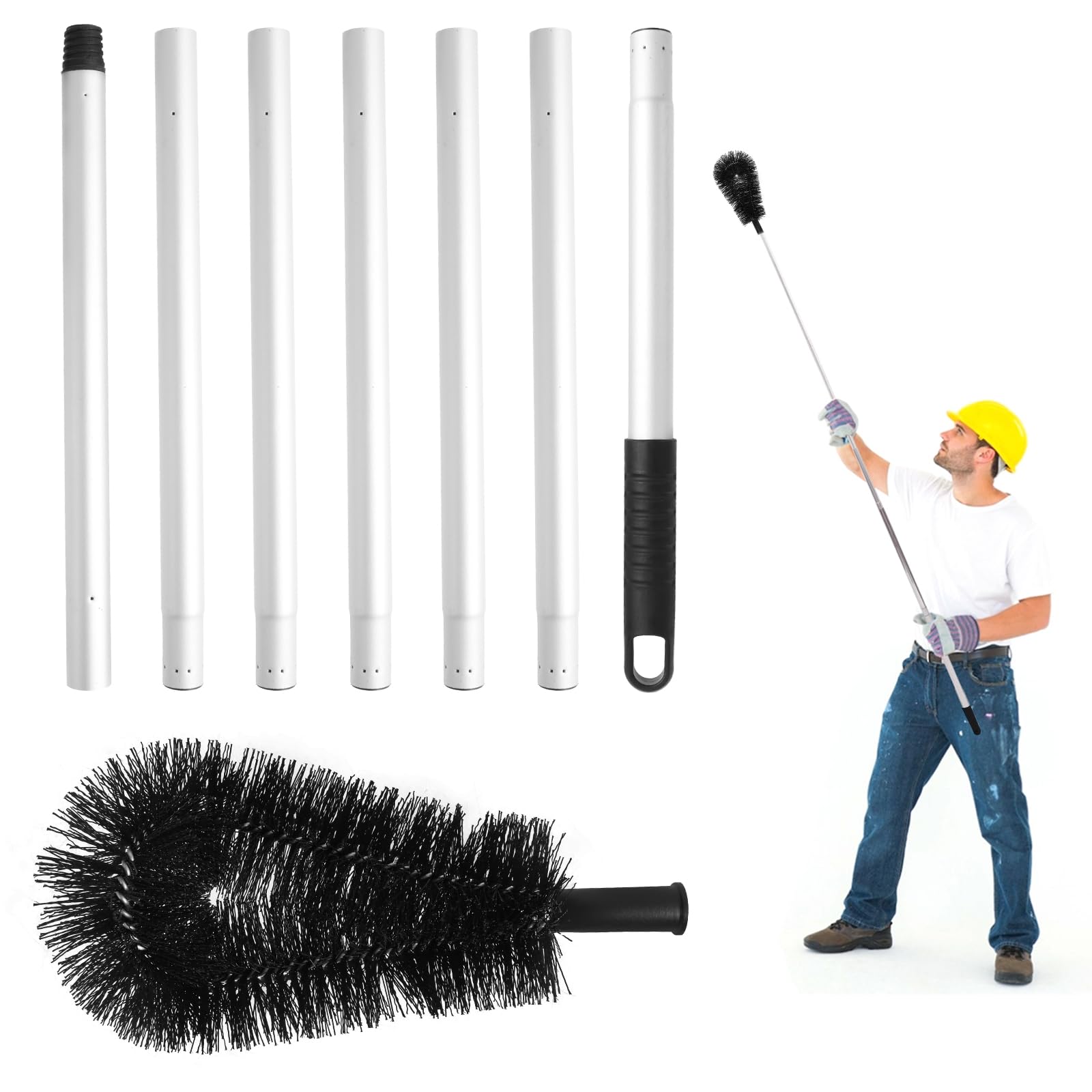 GUIJZSLTRG Gutter Cleaning Brush Roofing Tool with 7 Splicing Extension Poles, 7.8Ft Gutter Cleaning Tools Efficient Roofing Gutter Brush for Easily Clear Roof Branches, Dust, Leaves, Debris