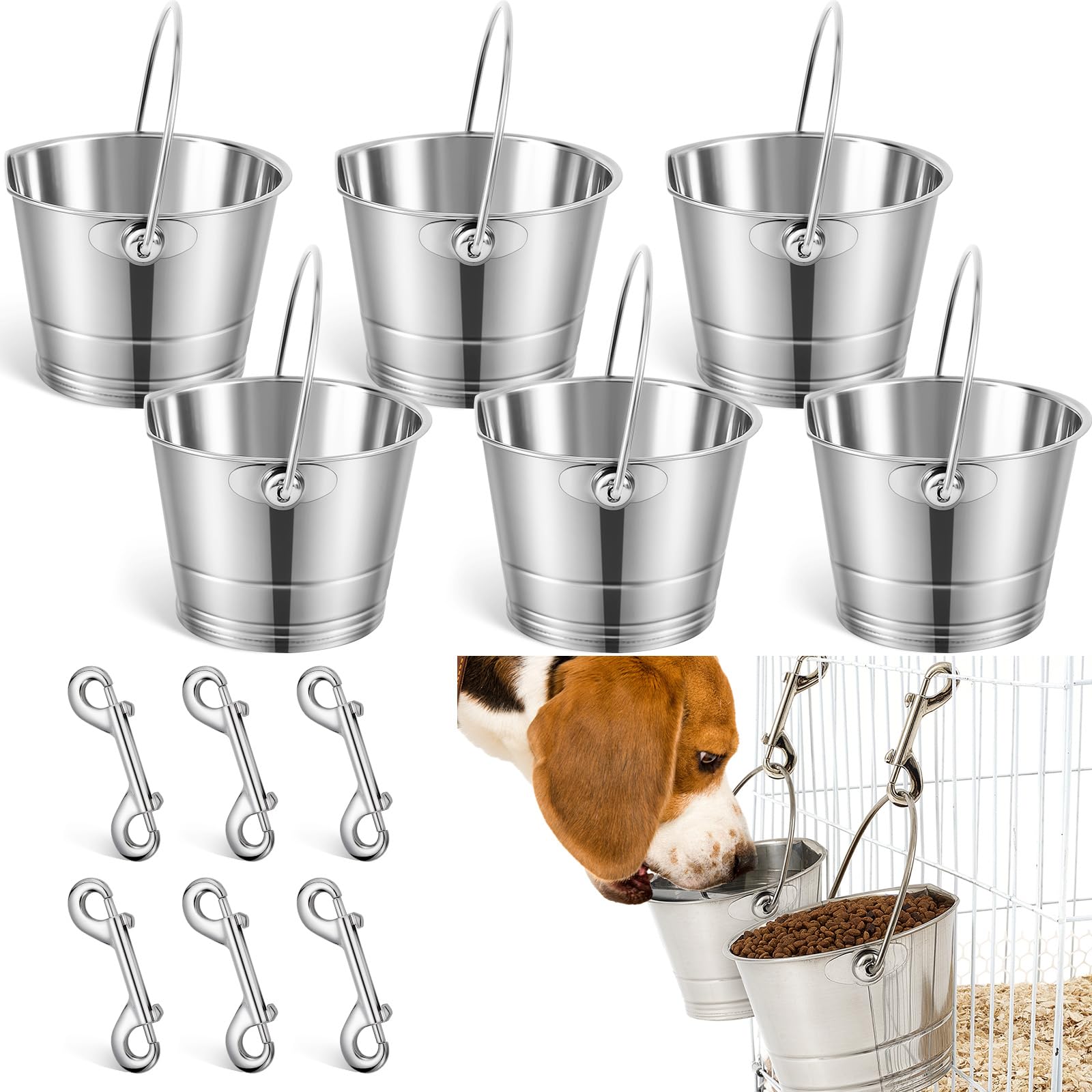 Photo 1 of Mumufy 6 Set 1 Quart Stainless Steel Flat Side Bucket Durable Water Pails with Double Ended Snaps Small Metal Bucket Flat Back Water Pails for Dogs Cats Kennels Cages Fences Pet Container