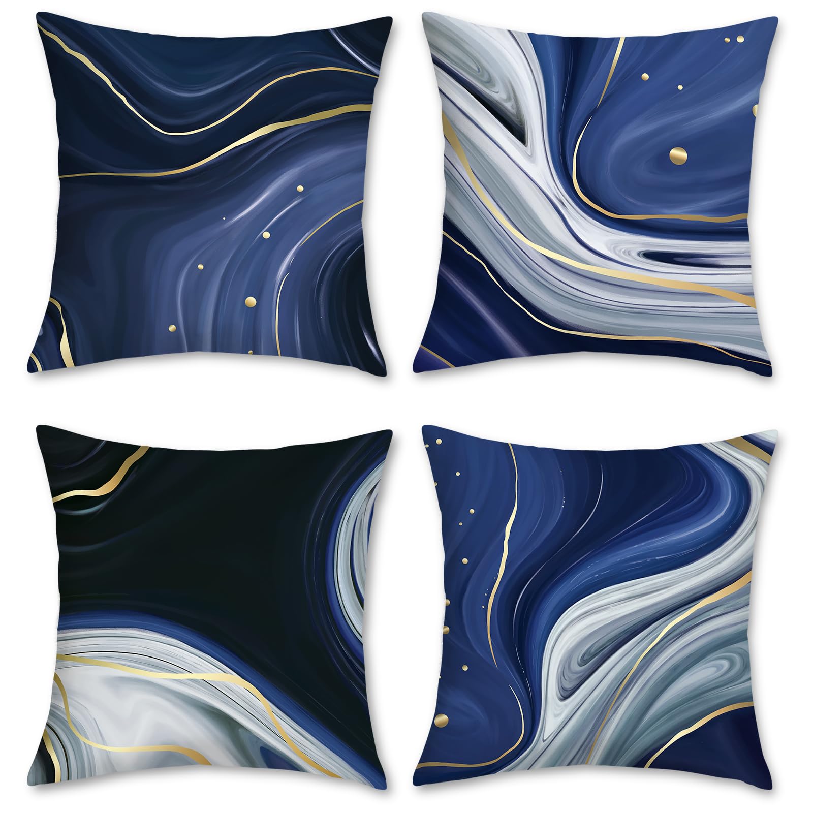 Bonhause Blue Marble Cushion Covers 45 x 45 cm Modern Abstract Decorative Throw Pillow Covers Soft Velvet Pillowcases for Sofa Bed Patio Home Decor Set of 4