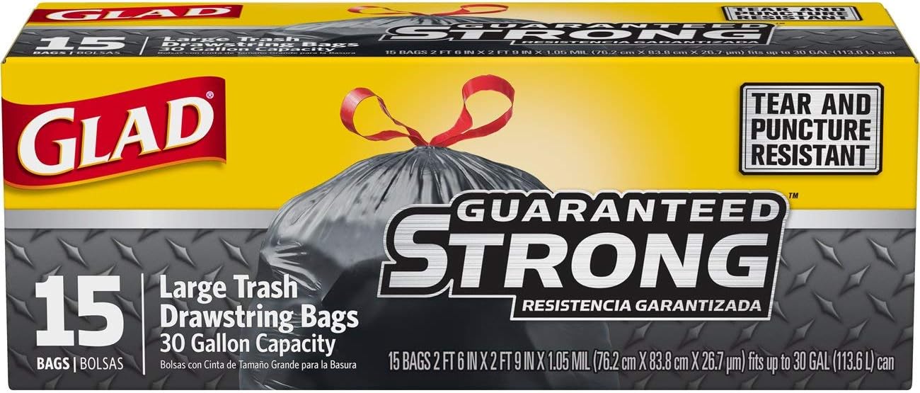 Glad Large Drawstring Trash Bags - Extra Strong 30 Gallon Black Trash Bag - 15 Count