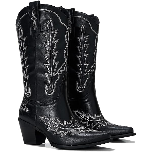 Huntarry Women's Mid Calf Cowboy Boots - Embroidered Retro Square Toe Western Boots (Black) - View #5