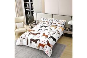 EROSEBRIDAL 100 Percent Cotton Horse Bedding Set Twin Farm Duvet Cover Kids Boys Girls Teens Cute Animal Comforter Cover Cartoon Horses With Pink Lover Heart Decor Kawaii Quilt Cover Cowboy Cowgirls Duvet Cover