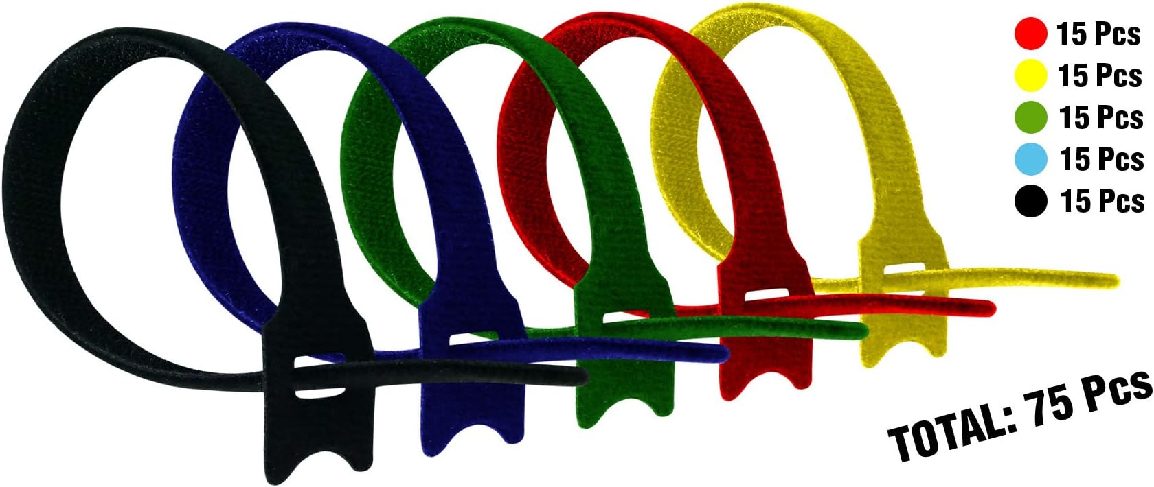 Cambridge ZipIts Reusable Fastening Hook and Loop Cable Ties 75 Pack 8-in Assortment; 15 Pieces Each Black, Blue, Green, Red, Yellow