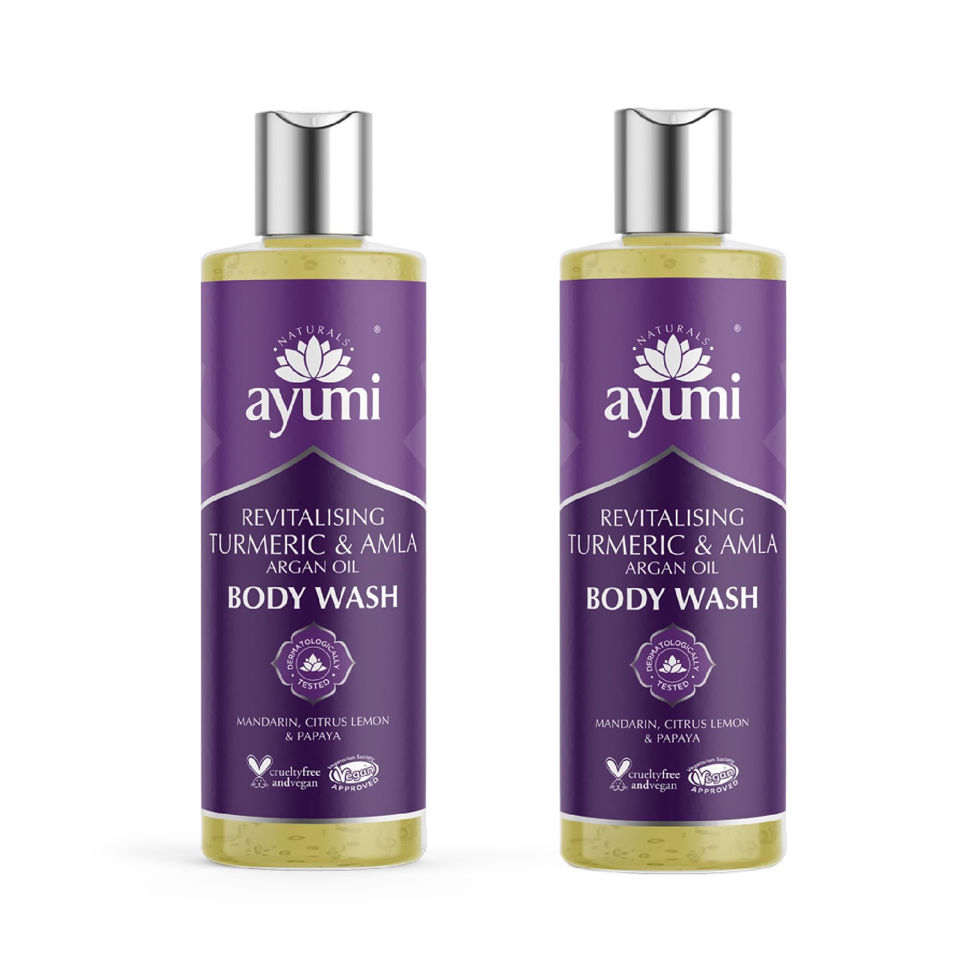 Ayumi Turmeric Body Wash Sensitive Skin | Hydrating Cleanser for Dry Skin | Natural Shower Gel to Soothe Irritation | Brightening Body Wash with Turmeric & Papaya | Women & Mens Shower Gel | 2x250 ml