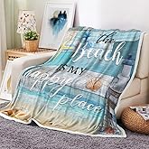 Bcsewcg Coastal Ocean Beach Throw Blanket, Summer Blue Seashell Starfish Throw Blanket, Super Warm Cozy Microfiber Flannel Blanket for Couch Chair Sofa Bed Home Outdoor Beach Travel