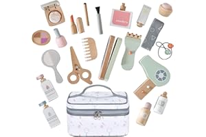 Smartwo 22 Pcs Wooden Makeup Toy Set ,Montessori Inspired Ultimate Beauty and Hair Salon Kit for Kids Pretend Play ,Kids Make