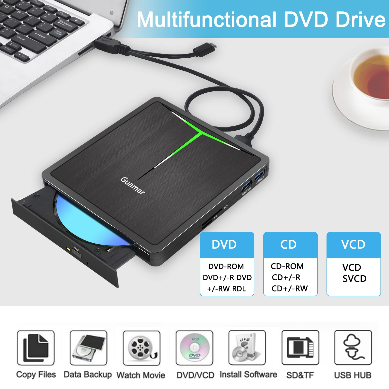 Guamar External CD DVD Drive, USB 3.0 Type-C CD/DVD ROM +/-RW Player Burner Reader Writer with SD/TF Slot & 2 USB/Carrying Case, Portable Optical Disc Drive for Laptop PC Desktop Windows Mac Linux