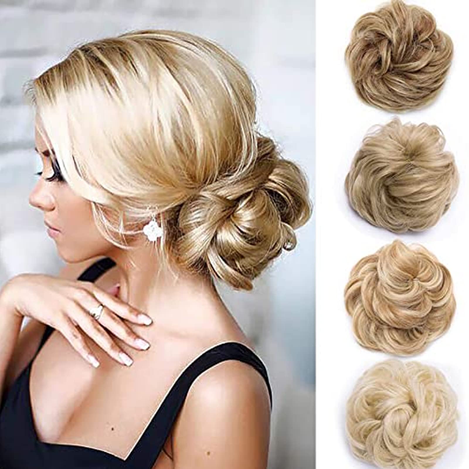Silk-co Updo Hairpiece Scrunchy Scrunchie Hair Bun 35g Ribbon Ponytail Extensions Wavy Curly Messy Donut Chignons Hair Piece Honey Blond-Bleach Blond