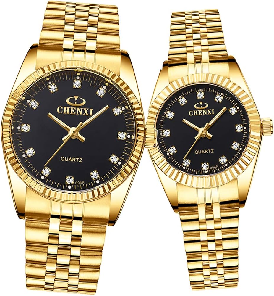 His and Her Matching Couple Watches Gold Tone Quartz Calendar Watch