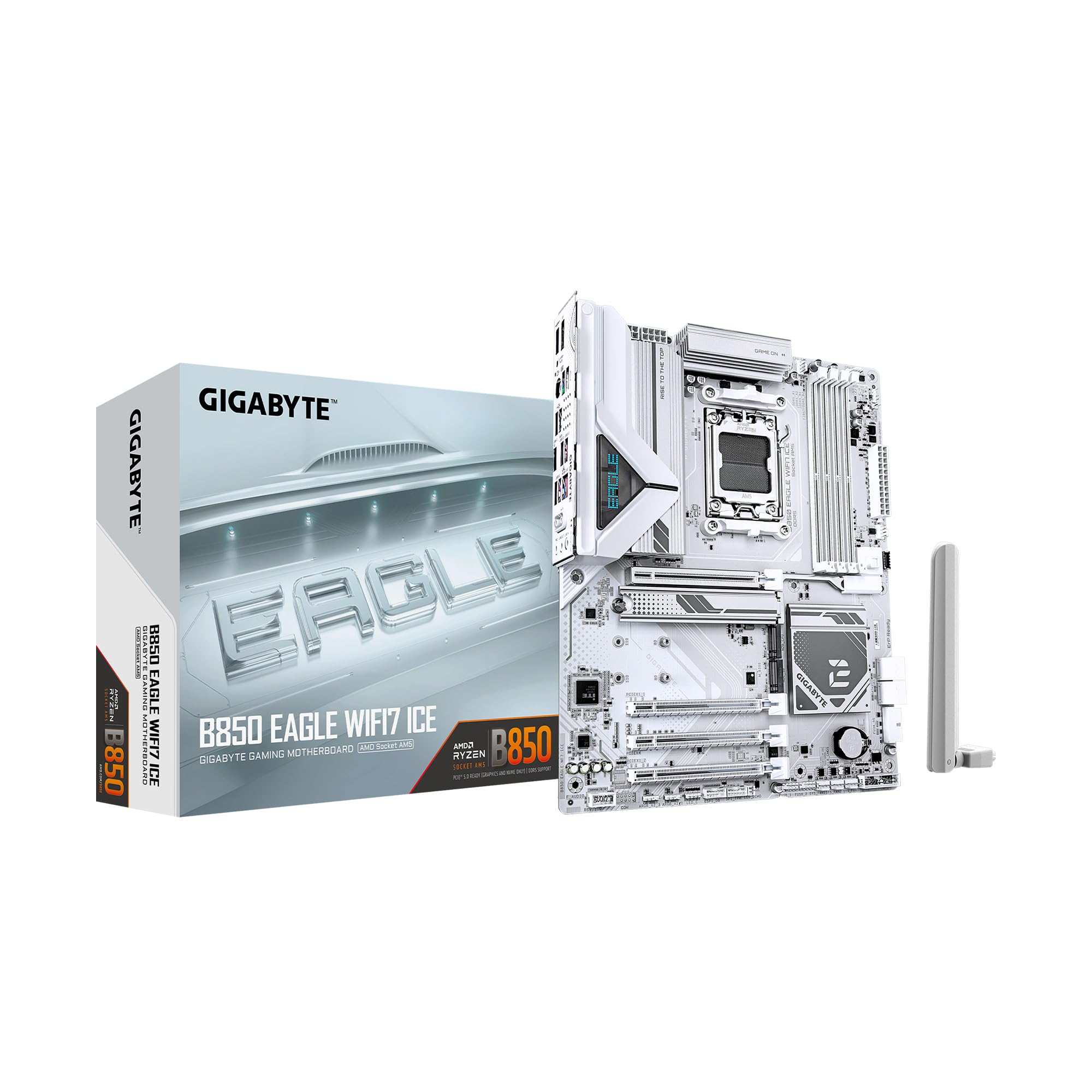 Photo 1 of GIGABYTE B850 Eagle WIFI7 ICE AMD AM5 ATX Motherboard, Support AMD Ryzen 9000/8000/7000 Series, DDR5, 8+2+2 Power Phase, 3X M.2, PCIe 5.0, USB-C, WIFI7, 2.5GbE LAN, EZ-Latch, 3-Year Warranty