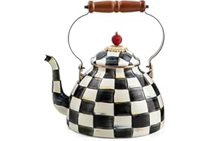 MACKENZIE-CHILDS Enamel Tea Kettle, Stylish Tea Kettle for Stovetop, Black-and-White Courtly Check, 3 Quarts