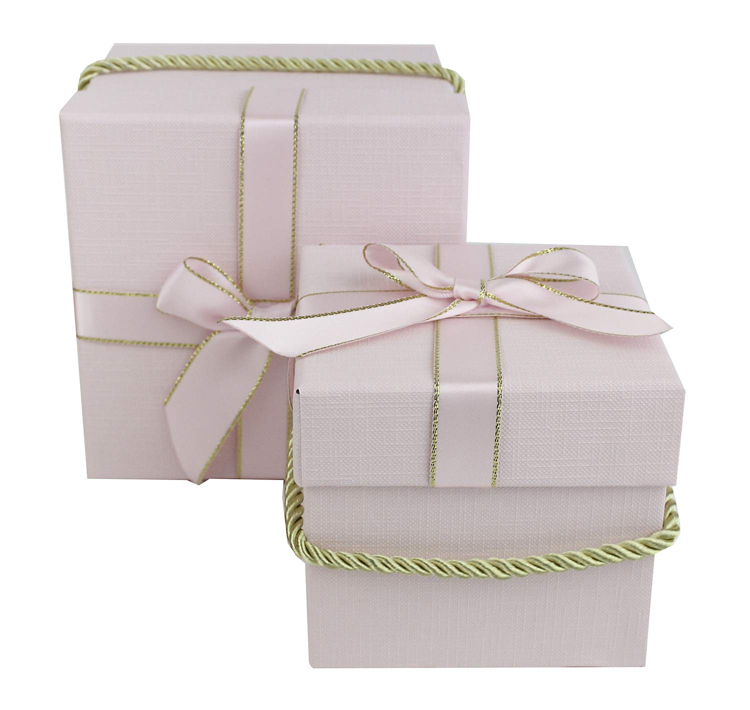 Emartbuy Set of 2 Baby Pink Square Gift Boxes with Gold Rope Handle & Satin Ribbon – Luxury Rigid Cardboard Gift Boxes for Birthdays, Weddings & Parties | 8 x 8 x 8 cm & 10 x10 x 10 cm