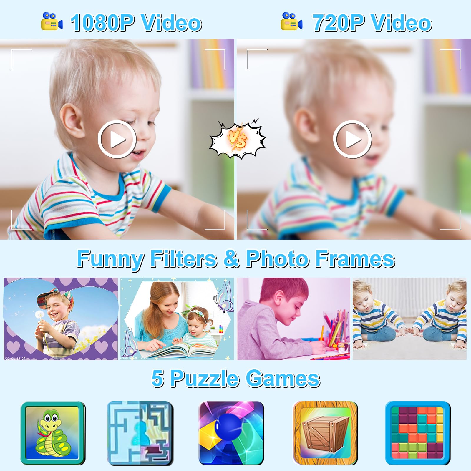 GKTZ Kids Camera Instant Print - 1080P HD 0 Ink Photo Christmas Birthday Gifts for Age 3-8 Girls Boys Portable Toy with 3 Rolls Paper, 5 Color Pens, 32GB Card Blue, PB210-32G