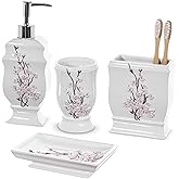 Vanda Cherry Blossom 4 Piece Resin Bathroom Accessories Set | Includes Soap Dispenser, Toothbrush Holder, Tumbler Cup &amp; Soap Dish