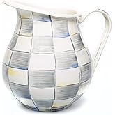 MACKENZIE-CHILDS Enamel Pitcher with Spout for Water, Cut Flowers, and Home Decor, 3 Quarts, Gray-and-White Sterling Check