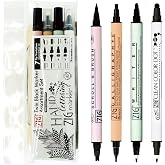 Kuretake ZIG Twin Marker BLACK 4 Assortment set for Hand Lettering, Calligraphy Art, Illustration, Journaling, Cartooning, AP- Certificated, Made in Japan