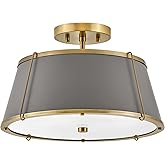 Hinkley Clarke Medium Semi-Flush Mount Ceiling Light, Dark Matte Grey Metal Tapered Drum Shade, Classic, Diffuser, Lacquered 