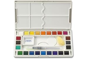 Jerry Q Art 24 Assorted Water Colors Travel Pocket Set- Quality Refillable Water Brush with Sponge - Easy to Blend Colors - Built in Palette - Perfect for Painting On The Go JQ-124