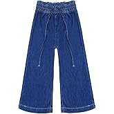 KIDSCOOL SPACE Girls Thin Denim Pants, Wide-Leg Ribbed Elastic Waistband Jeans