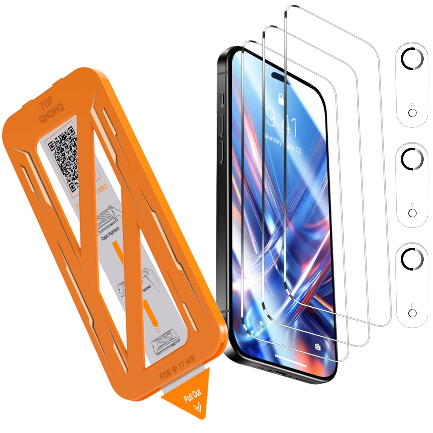 Photo 1 of QHOHQ [1-Second Auto-Install] 3 Pack Screen Protector for iPhone Air + 3 Pack Camera Lens Protector, 9H+ Shatterproof Tempered Glass for iPhone 17 Air, [12FT Military Grade Protection], Case Friendly