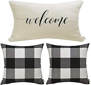 Meekio Set of 3 Black and White Buffalo Check Pillow Covers 18” x 18” with Welcome Quote Lumbar Pillow Covers Farmhouse Décor Housewarming Gifts for New Home