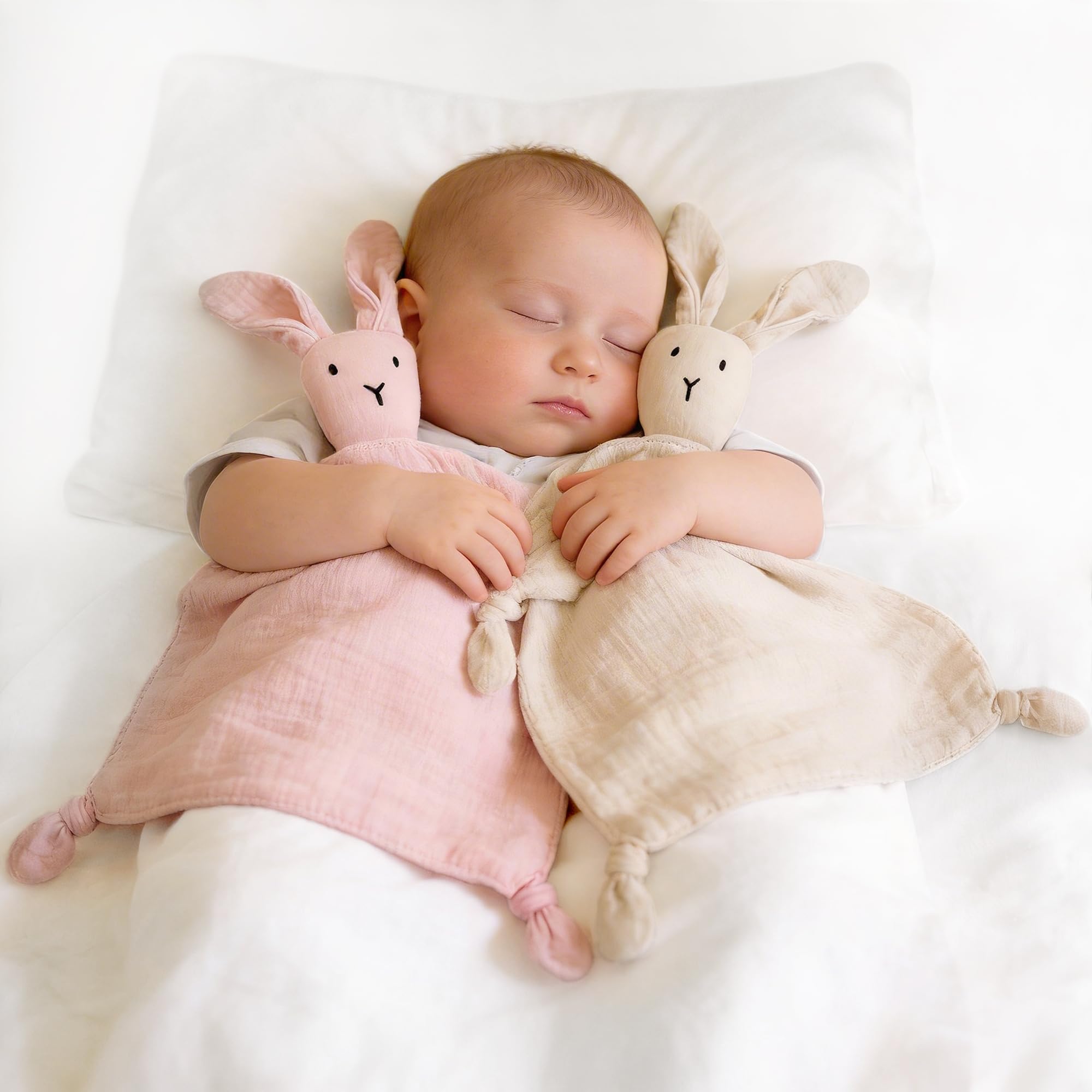 ZIGJOY Baby Comforter Blanket Muslin Cotton Security Blanket Bunny Lovey Boy Girl Unisex Soft Baby Gift for Infant Newborn Toddler, Pink & Khaki