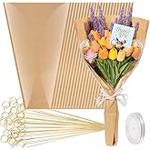 cridoz 50 PCS Flower Wrapping Paper Sleeves for Bouquets with 50 PCS Floral Card Holder Picks and Ribbons, Kraft Bouquet Bags for Flower Bar, Mother's Day, Graduation, Valentine, 22 x 14 Inches