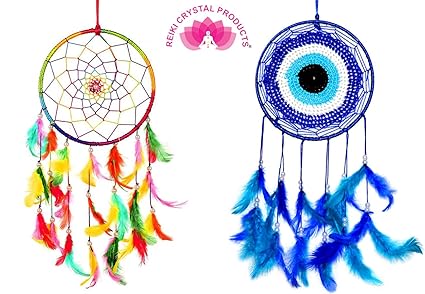 Reiki Crystal Products Combo Dream Catcher Multi Colour + Evil Eye Dream Catcher ,Pack Of 1+1