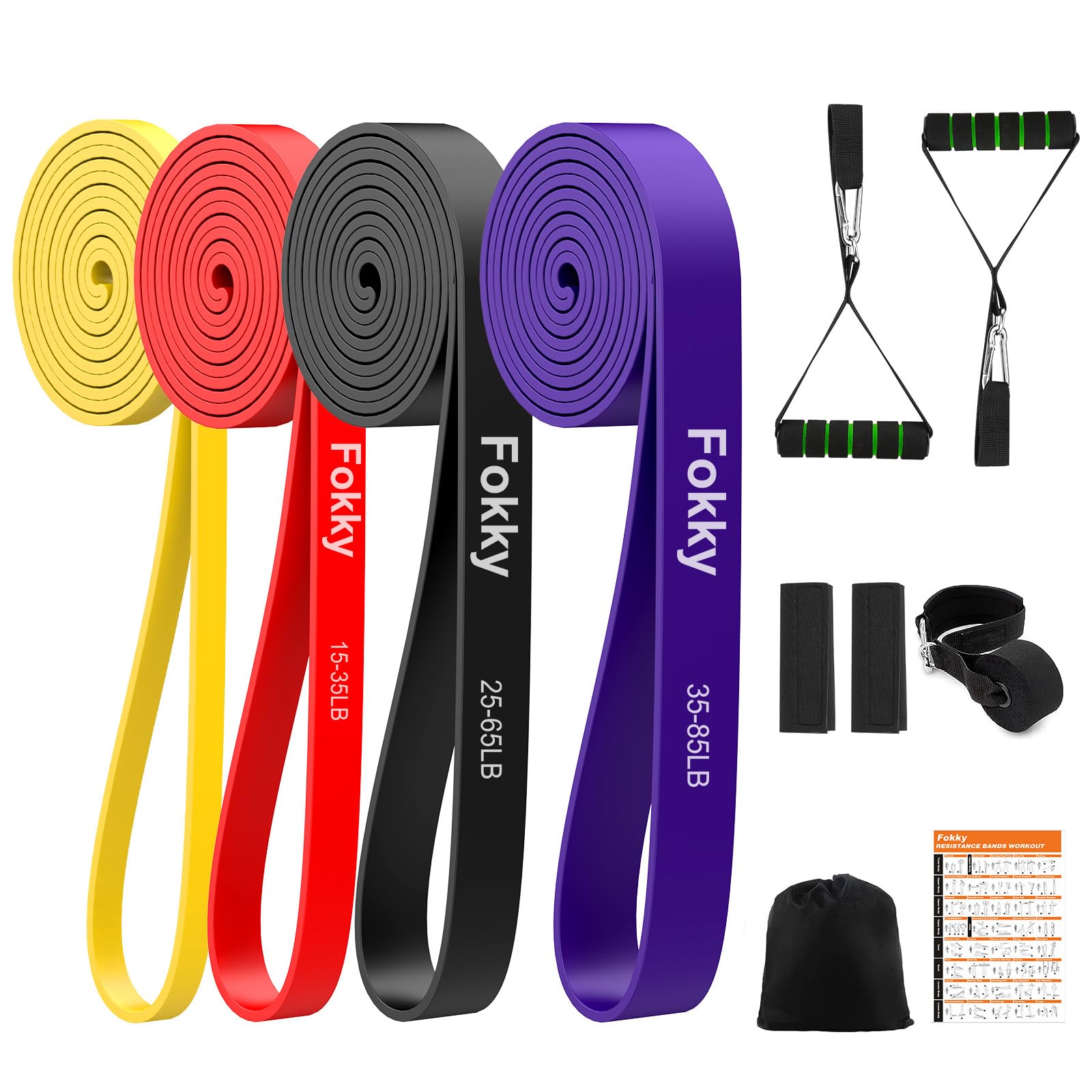 Fokky Resistance Bands Set, 4 Levels Exercise Bands for Men Women,Pull Up Bands Gym for Crossfit Fitness Strength Training Yoga with Door Anchor, Handles, Protective Covers, Bag & Training Instruction