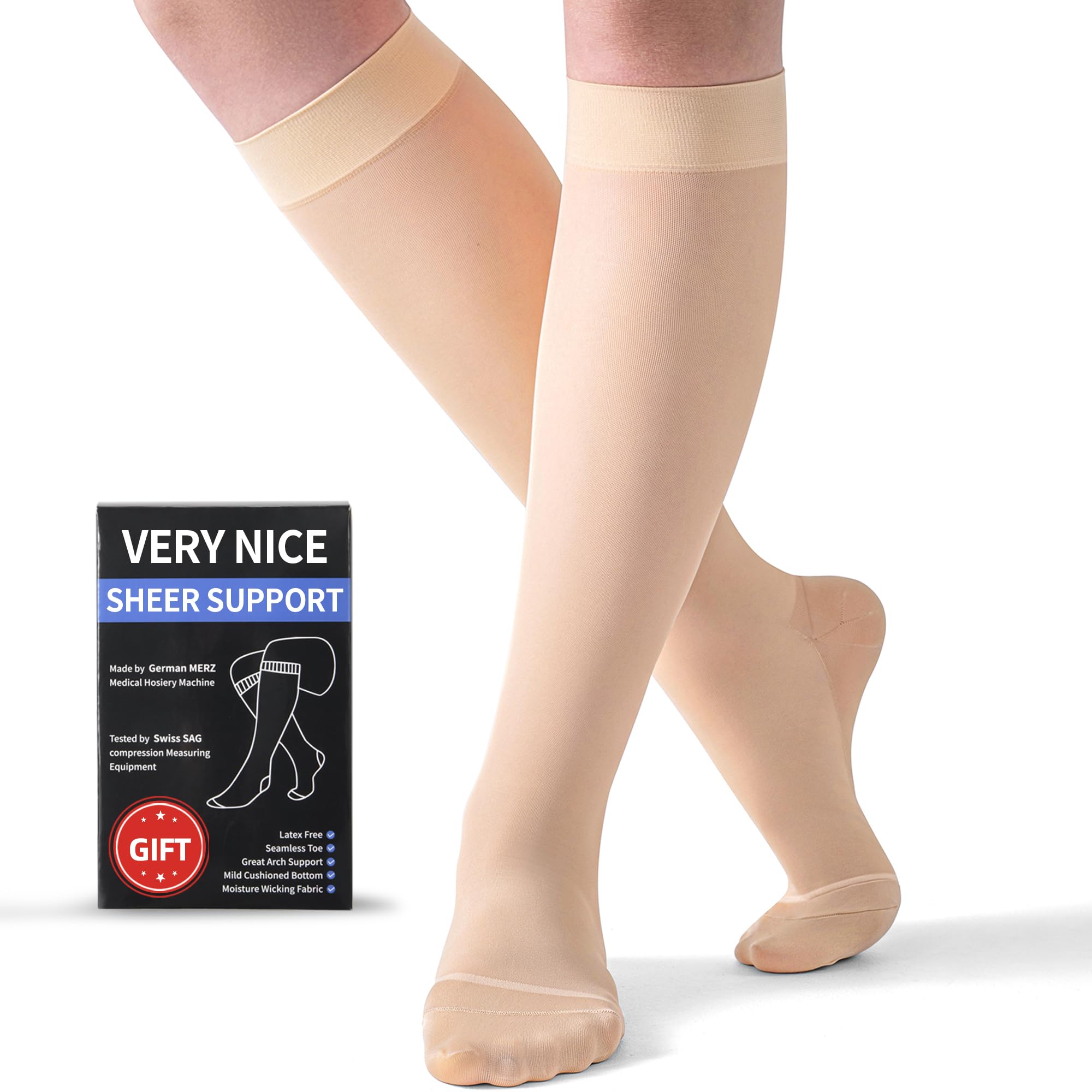 Photo 1 of 2 Pairs Sheer Compression Socks for Women 15-20 mmHg - Support Hose Knee High Compression Stockings with Comfy Toe Seam