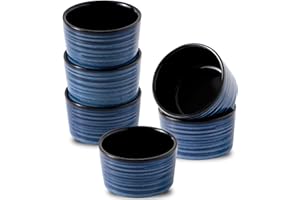 Tikooere Ceramic Ramekins 6 oz, Oven Safe Souffle Dish Set of 6 for Baking, Porcelain Dipping Sauce Bowls for Creme Brulee,Stackable Custard Cups for Pudding, Ice Cream, Lava Cakes, Blue