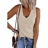 MEROKEETY Women's 2026 Summer Sleeveless Tank Tops V Neck Ribbed Dressy Casual Henley Shirts Button Loose Cami Tees