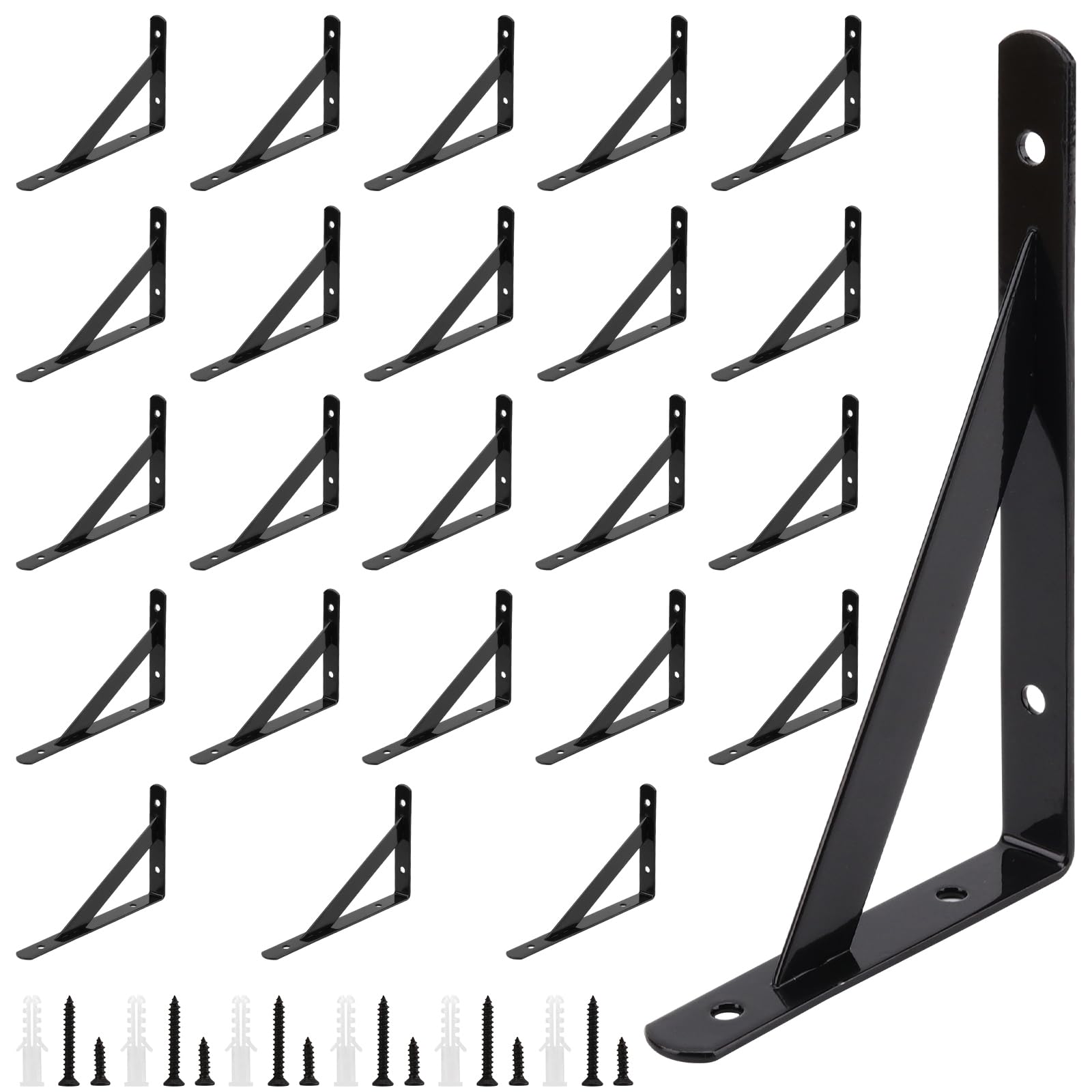 HONYUET 24PCS 6 Inch Black Shelf Brackets, 15cm Wall Triangle Shelving Brackets, 90 Degree Right Angle Shelf Supporter Brace with Screw for Bookshelf, Cupboard