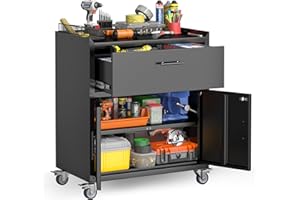 SFTORMAS Metal Storage Cabinet with Wheels, Mobile Metal Garage Cabinet with 1 Drawer and 2 Locking Doors,35.4" H Black Rolling Tool Storage Chest for Offices Garage Storeroom and Basement