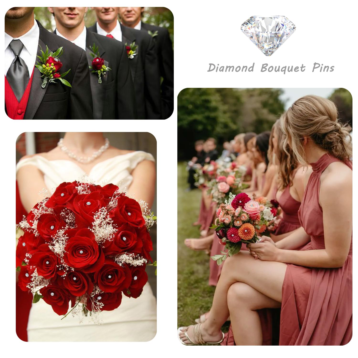 100 Pcs Corsage Bouquet Pins for Flowers, 2 Inch Floral Diamond Pins for Bouquets Rhinestone Crystal Pin for Wedding Bridal Hair Accessories Jewelry Decoration DIY Craft Sewing
