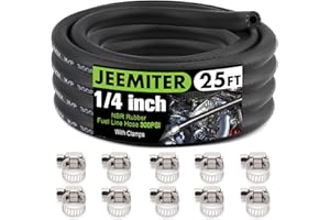 Jeemiter 1/4 Inch Fuel Line Hose 25FT - Flexible NBR Rubber with 10 Clamps for Gasoline, Oil, Automotive & Marine Engine Systems