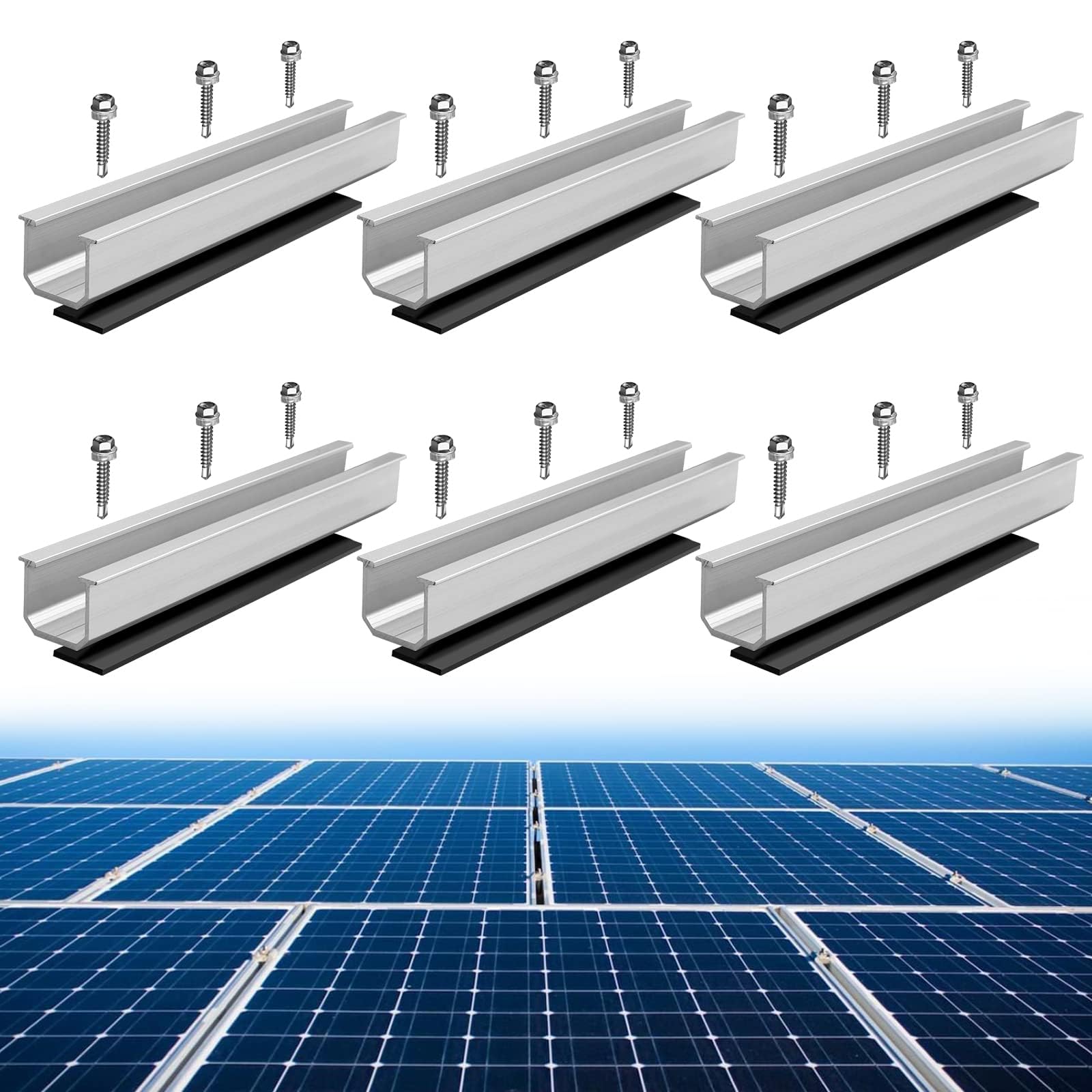 Photo 1 of Anbte 6Pcs 7.87in Solar Panel Mounting Rail, Aluminum Solar Panel Mounting Brackets Include M5.5*30mm Screws + Rubber Pads, Kit for Metal, Tin, Flat, Sheet Roofs