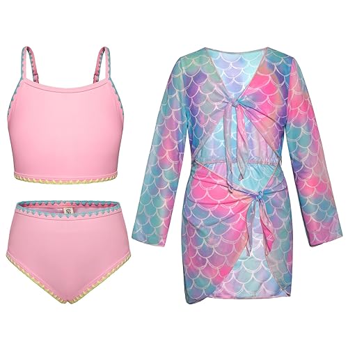 GRACE KARIN Girls Summer Three-Piece Swimwear Floral Print Swimsuit 3 Piece Bikini Light Pink 6 Years