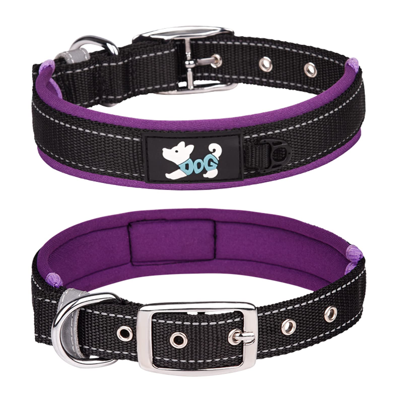 Haoyueer Comfortable Soft Neoprene Padded Dog Collar, Reflective Pet Collar, Adjustable Heavy Duty Nylon Dog Collar for All Breeds Large Dogs (XL, Purple)