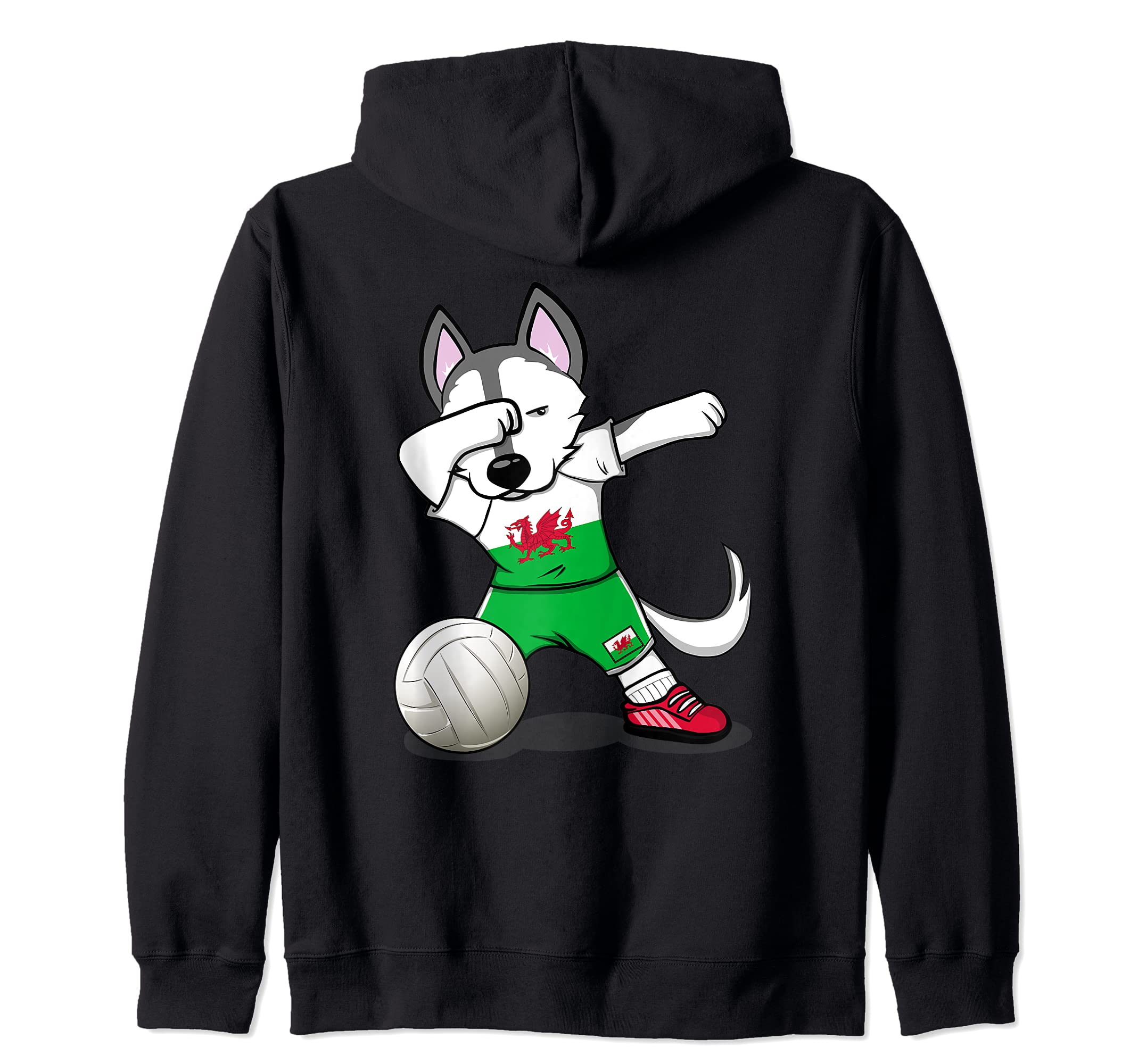 Dabbing Husky Dog Wales Volleyball Fans Jersey - Welsh Flag Zip Hoodie