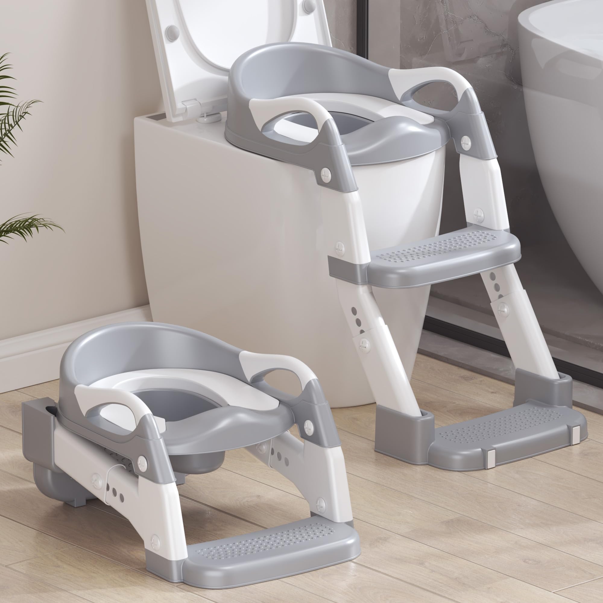 Photo 1 of 2-in-1 Toddler Potty Training Toilet Seat with Step Stool Ladder – Adjustable Height Potty Chair Urinal for Baby Boys Girls Age 1-3, Foldable Training Potty with Splash Guard & Anti-Slip Feet, Grey