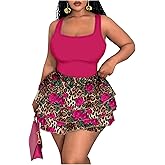 SOLY HUX Women's Plus Size 2 Piece Summer Vacation Outfits Floral Print Tank Tops and Ruffle Layered Shorts Set