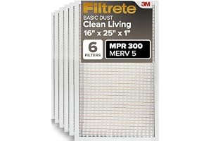 Filtrete 16x25x1 Air Filter MERV 5, 6-Pack AC Furnace HVAC, MPR 300 Basic Dust Defense, Pleated Electrostatic, Removes Lint