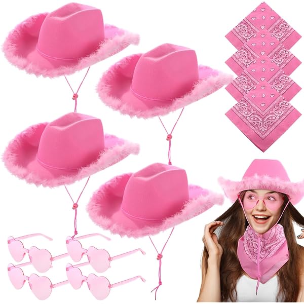 7688 4 Pack Cowboy Hat With 4 Pcs Heart Shape Sunglasses And Bandana Western SGBETTER 4 Pack Cowboy Hat with 4 pcs Heart Shape Sunglasses  main image 2