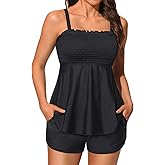 Yonique Flowy Tankini with Shorts - Tummy Control Two Piece Swimsuit with Pockets Smocked Bandeau Bathing Suit 2026 Swimwear