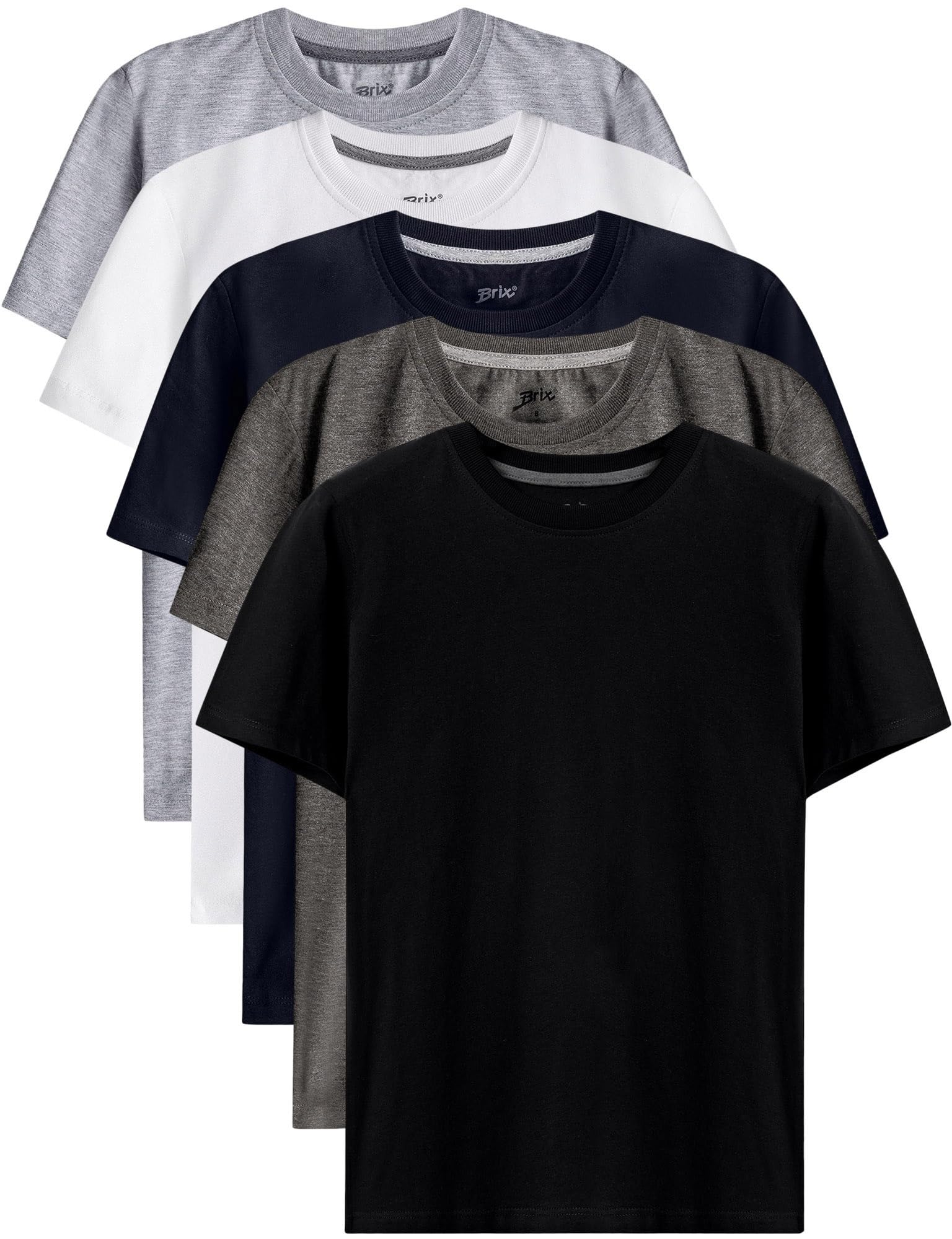 Photo 1 of  SIZE 12****
Brix Boys 5 Pack T-Shirts - Crewneck 100% Cotton Tagless Multipack Kids Short Sleeve Basic Comfort Tees.