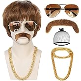 ANOGOL Hair Cap+5 Piece Set (1 Glasses+1 Chain+1 Mustache) Brown Mens Wigs 70s 80s Disco Short Wigs Disco Party Wig for Men Brown Synthetic Hair Rocker Costume Set for Halloween Party