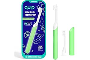 Quip Sonic Toothbrush for Kids with Timer - Includes Extra Brush Head and Travel Cover Mount - Electric, Soft Bristle Refill Head, Rubber Handle, 3 Month Battery Life - Glow in The Dark, Green