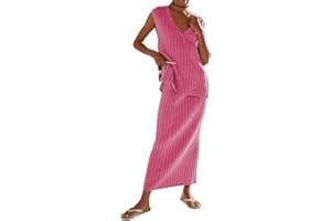 IQSQSQ Women's 2 Piece Sweater Outfits Sleeveless V Neck Knit Vest Tops High Waisted Midi Skirt