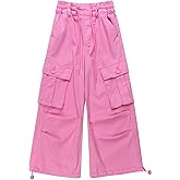 KIDSCOOL SPACE 6-Pocket Girls Wide-Leg Denim Pants, 5-14T Ribbed Waist with D-Ring Loops & String Cargo Jeans